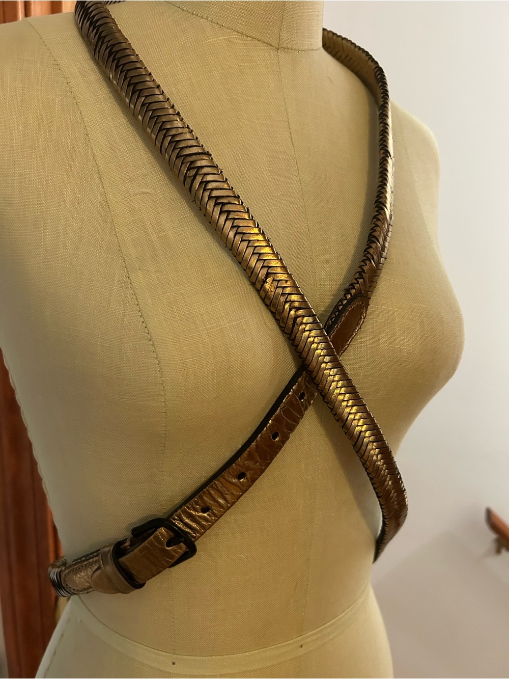 3.1 Philip Lim Gold Metallic Double Wrap Braided Leather Belt